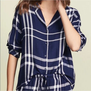 Rails Long Sleeve Trouser Pajama Top Shirt Navy Blue White Plaid Flannel XS